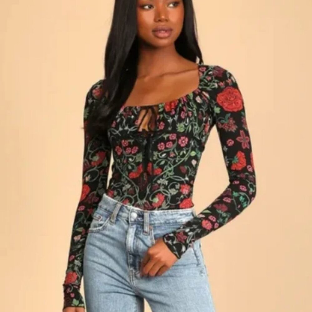 Free People Black Floral Long Sleeve Top